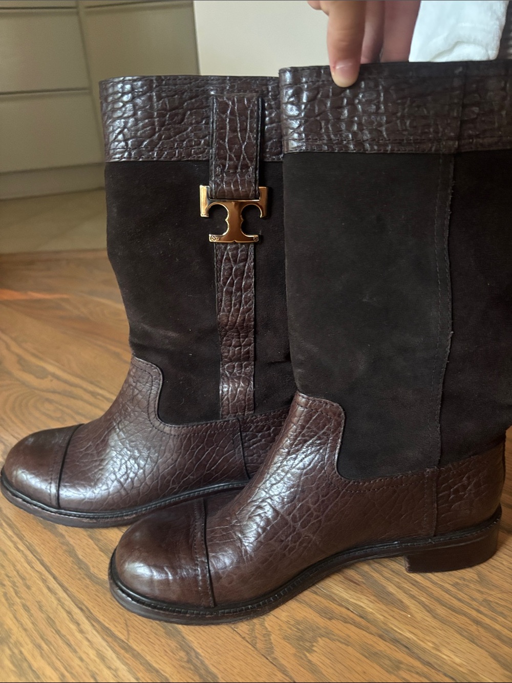 Tory Burch Brown Leather & Suede Mid-Calf Logo Boots size 8